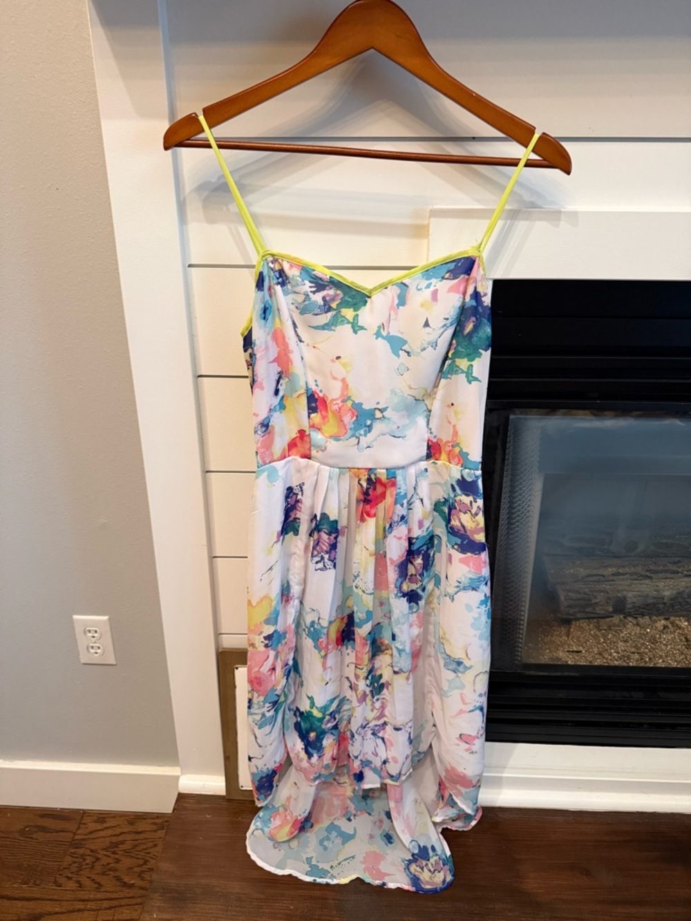 Studio Y Floral Watercolor High-Low Spaghetti Strap Dress - Neon Trim Large
